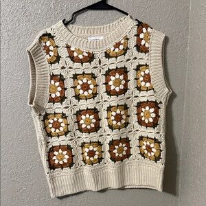 Boho Floral Crochet Sleeveless Sweater - Cream, Brown, Gold